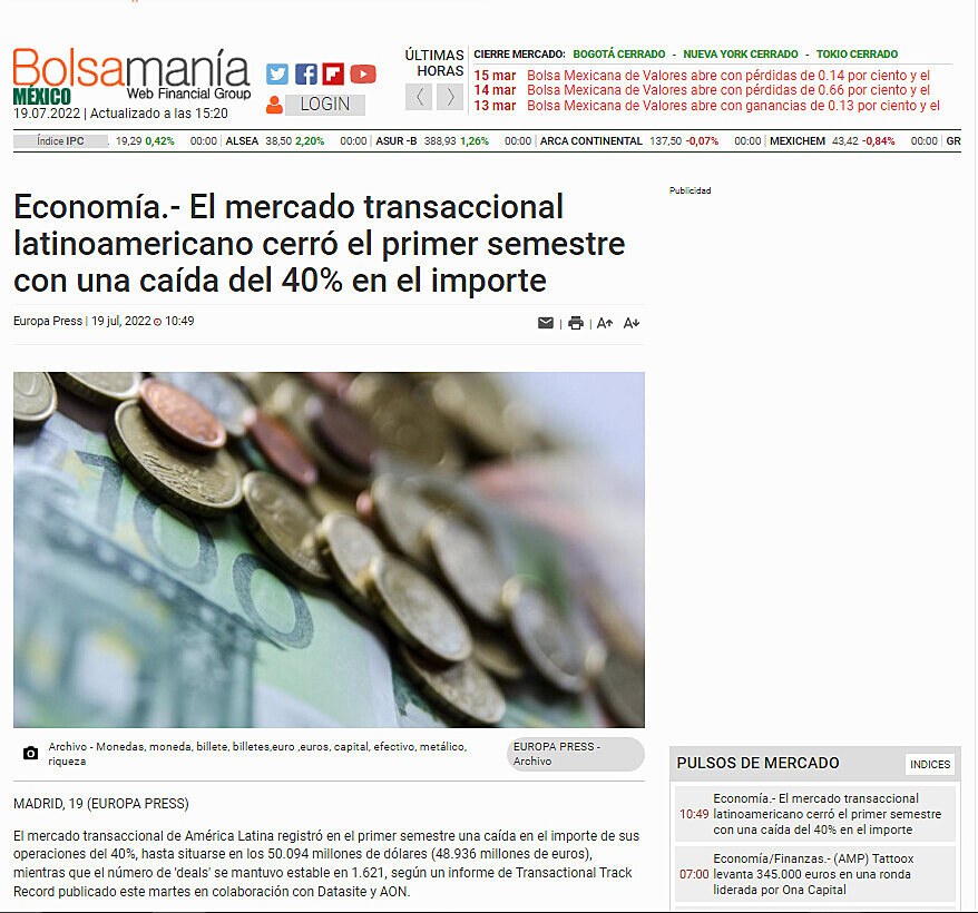 Economa.- El mercado transaccional latinoamericano cerr el primer semestre con una cada del 40% en el importe